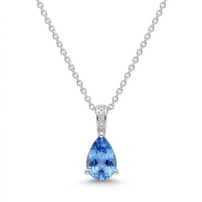 Pendentif or blanc, saphir poire et bélière en diamants