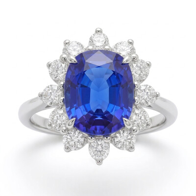 Bague or blanc, saphir bleu et entourage diamants