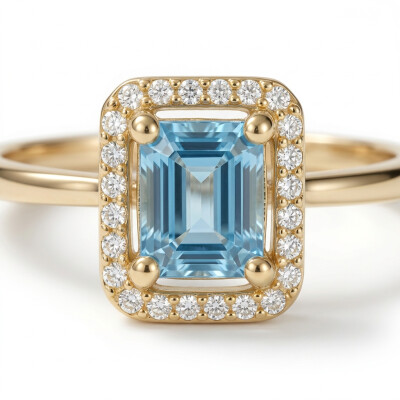 Bague or jaune, topaze blue London et diamants