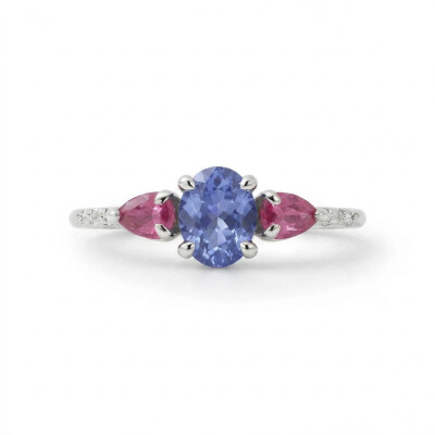 Bague or blanc, tanzanite et saphirs rose