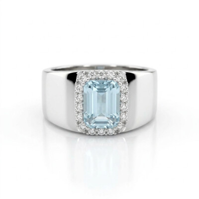 Bague jonc or blanc, aigue marine et entourage diamants