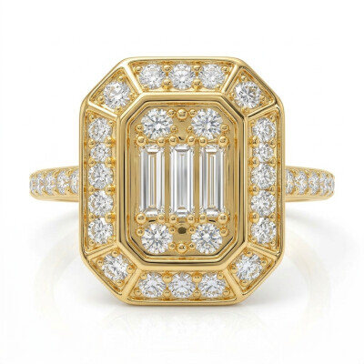 Bague or jaune, baguette diamants à pans