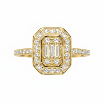 Bague or jaune, baguette diamants à pans