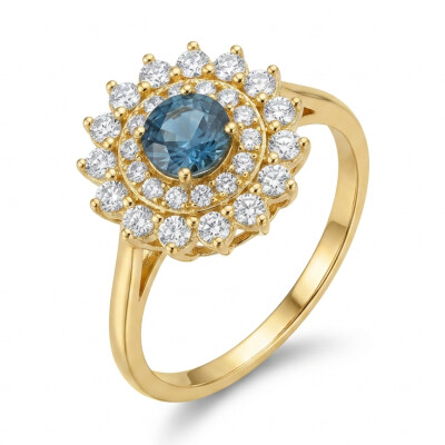 Bague or jaune saphir, double entourage diamants
