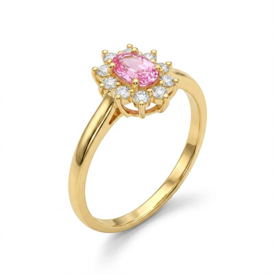 Bague or rose, saphir rose taille ovale et diamants