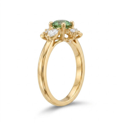 Bague or rose, saphir vert taille brillant et diamants