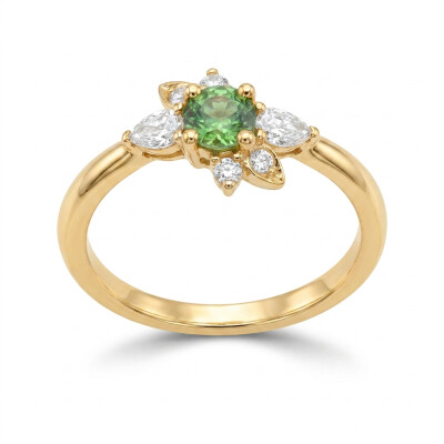 Bague or rose, saphir vert taille brillant et diamants