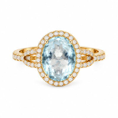 Bague or jaune, aigue-marine et diamants