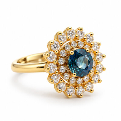 Bague or jaune saphir, double entourage diamants