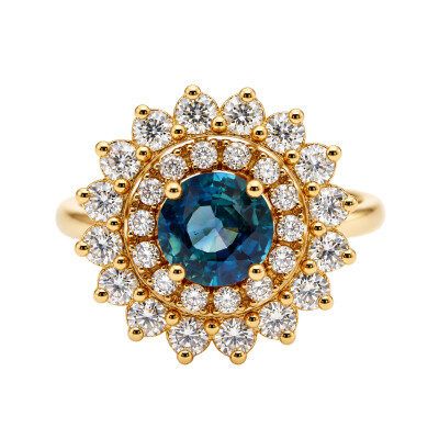 Bague or jaune saphir, double entourage diamants