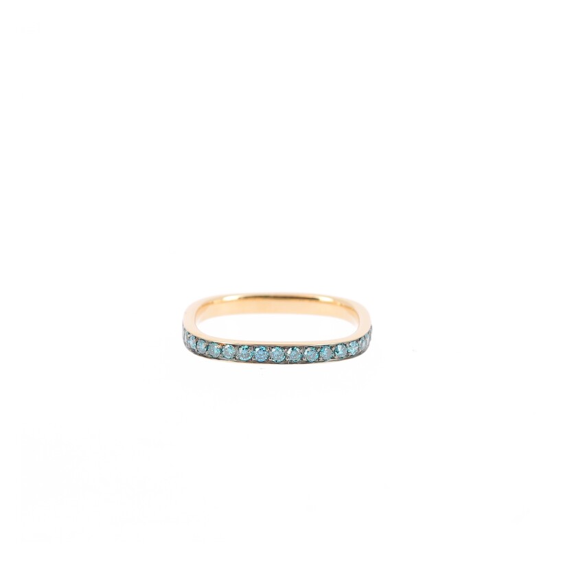 Carré ring in pink gold set with half blue diamonds
