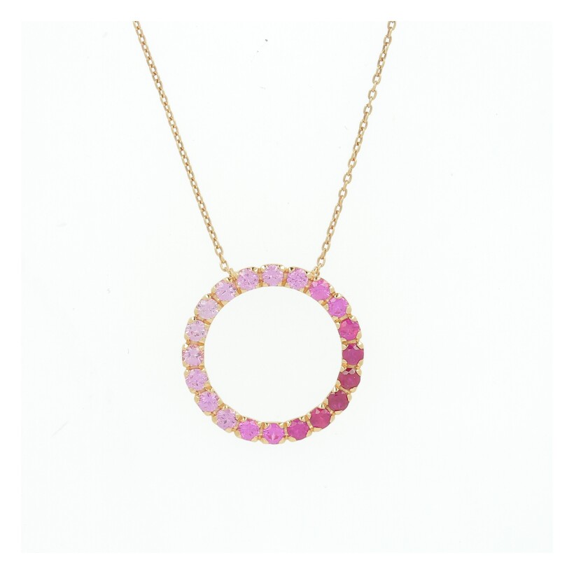 Rose gold circle pendant necklace set with pink sapphirs