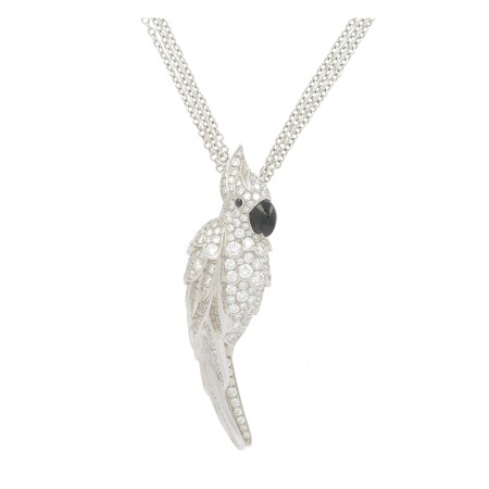 White gold Parrot pendant set with diamonds on a triple white gold chain