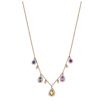 Collier or rose 5 saphirs poires de couleur et diamants