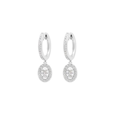 Boucles d'oreilles pendant or blanc diamants ovale entoure de diamants