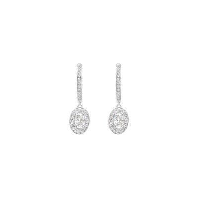 Boucles d'oreilles pendant or blanc diamants ovale entoure de diamants