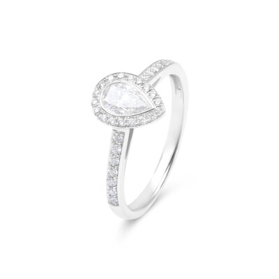 Solitaire or blanc, diamant poire entourage diamants, demi corps de bague serti