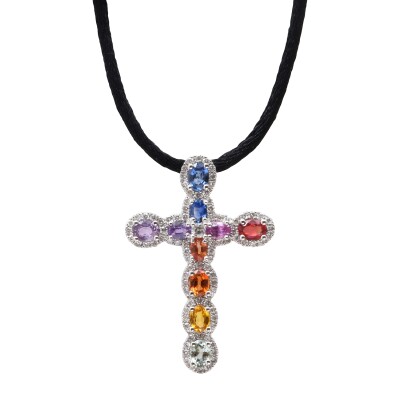 Pendentif Croix or blanc Arc En Ciel saphirs et diamants