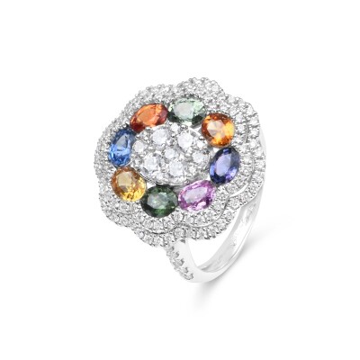 Bague Fleur or blanc multi saphirs et diamants