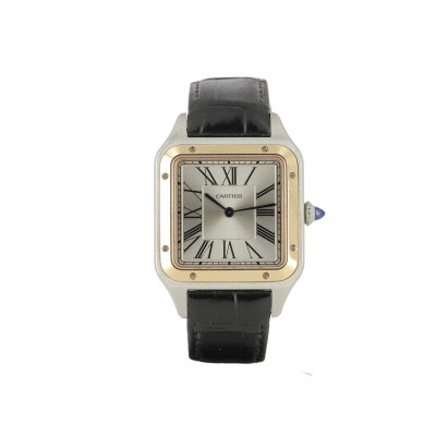 Santos-Dumont watch, Large model, quartz movement, rose gold, steel, leather