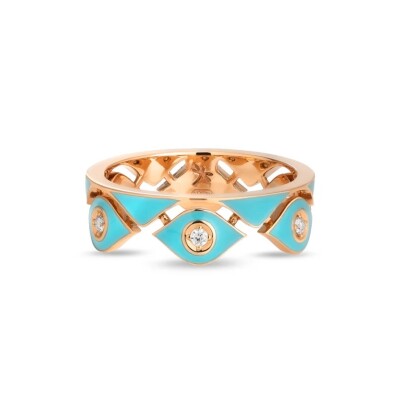 Bague collection Mikou en or rose, émail turquoise et diamants