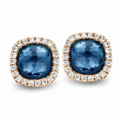 Boucles d'oreilles en or rose, topaze Blue London et diamants