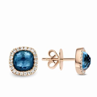 Boucles d'oreilles en or rose, topaze Blue London et diamants