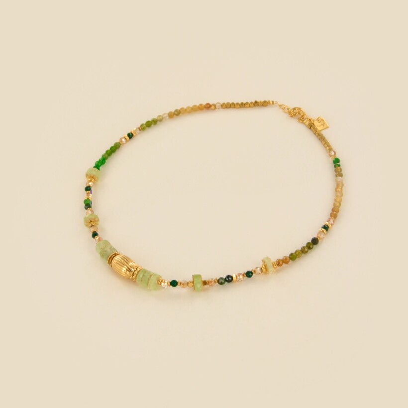 Le collier Rosekafé Tourmaline verte, Préhnite et Hématite Indira