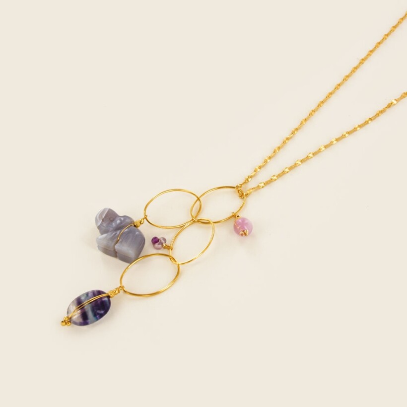 Le collier sautoir Eléphant Agate grise fluorite Kunzite