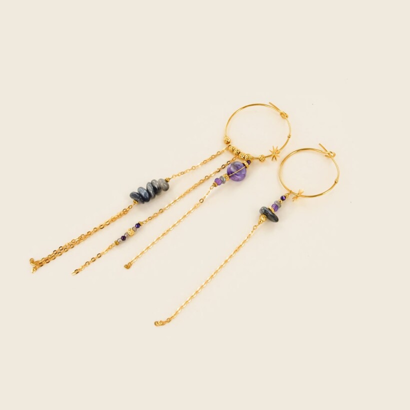 Les boucles d’oreilles asymétrique Arya Labradorite oeil de faucon Améthyste