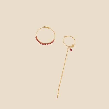 Les boucles d’oreilles créoles asymétriques perlées Koa Gm rubellite et tourmaline