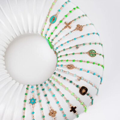 Bracelet Gigi Clozeau Classique en or rose et résine vert prairie, 17cm