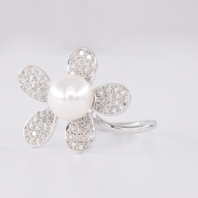 Bague or blanc, diamants & perle  