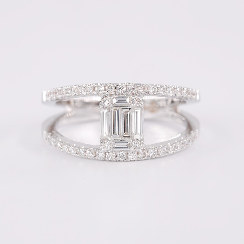 Bague en or blanc & diamants baguettes doubles de centre et arches brillantes