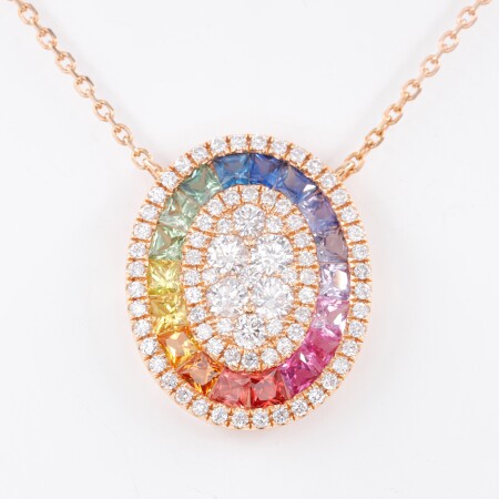 Collier "Rainbow" ovale or rose & saphirs multicolores et diamants