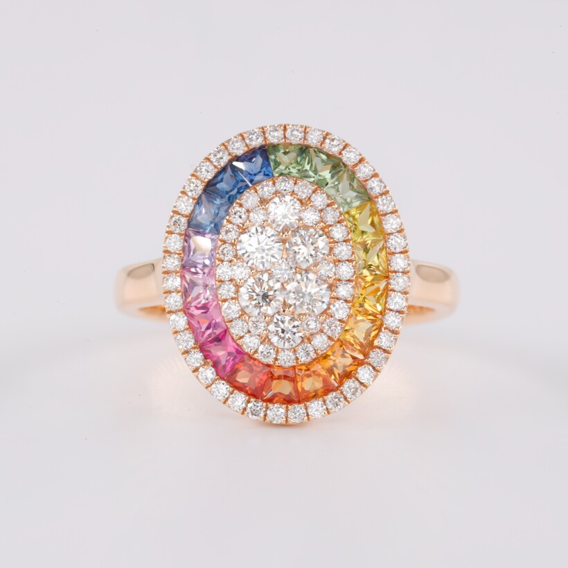 Bague Longinus or rose, diamants et saphirs