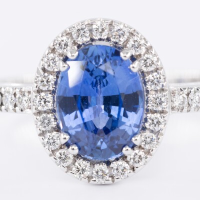 Bague Louis XV or blanc, saphir & diamants 