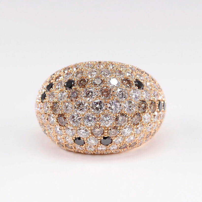 Bague jonc en Or rose sertie de Diamants blancs, noirs et cognac