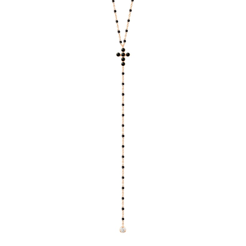 Collier Mini Gigi en or rose croix perle résine noir et diamants 42cm