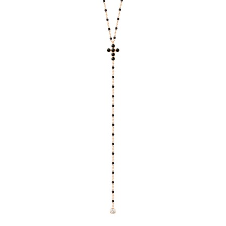 Collier Mini Gigi en or rose croix perle résine noir et diamants 42cm