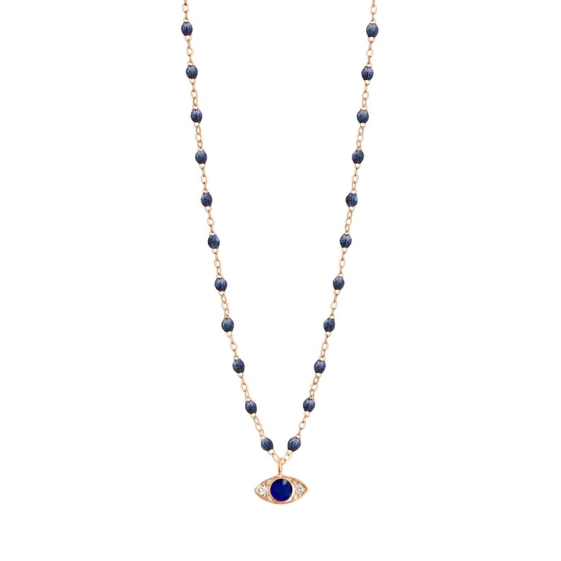 Collier en or rose voyage motif œil bleu de prusse dia résine bleu nuit