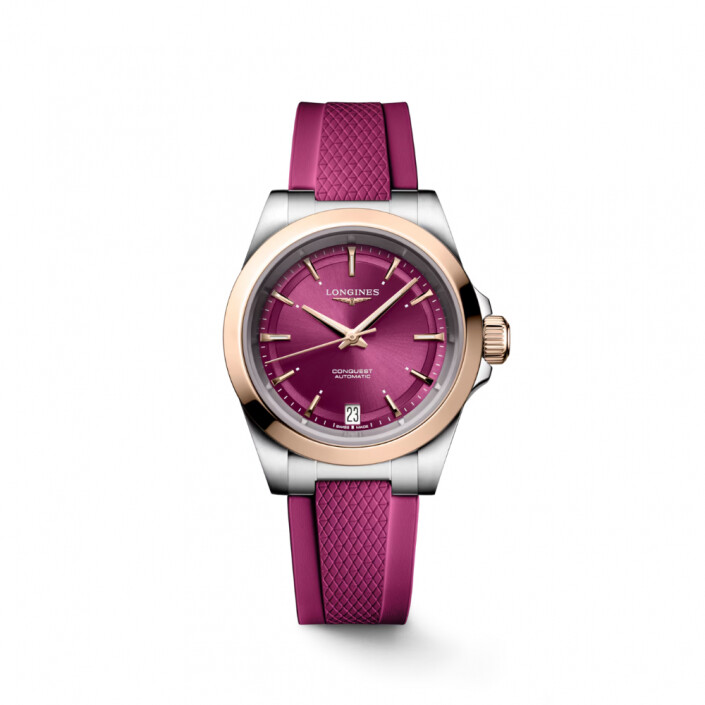 Montre femme conquest acier coiffe or rose sur caoutchouc violet