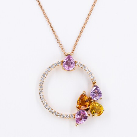 Collier or rose & saphirs multicolores, cercle diamants brillant