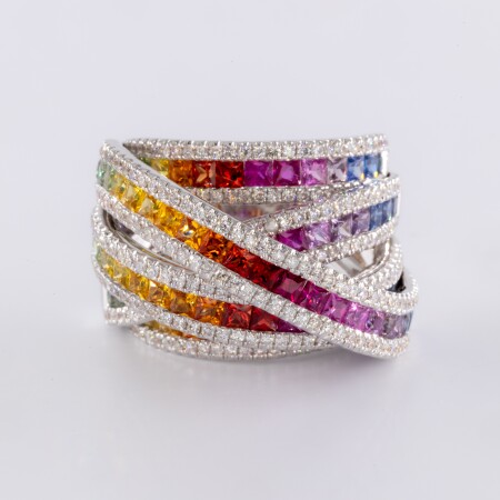 Bague Rainbow 5 arches or blanc, saphirs multicolores taille princesse & diamants