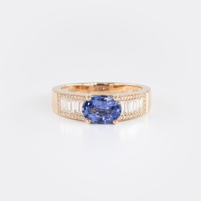 Bague 1930 or rose, saphir & diamants