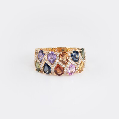 Bague Arlequin or rose saphirs multicolores & diamants