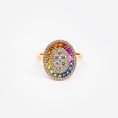 Bague Rainbow ovale or rose, saphirs multicolores & diamants