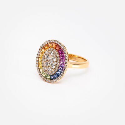 Bague Rainbow Ovale or rose & saphirs multicolores