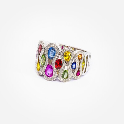 Bague Arlequin or blanc & saphirs multicolores 