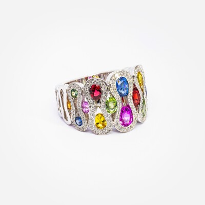 Bague Arlequin or blanc & saphirs multicolores 
